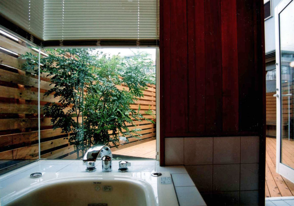 中庭の大きな緑を楽しむ浴室